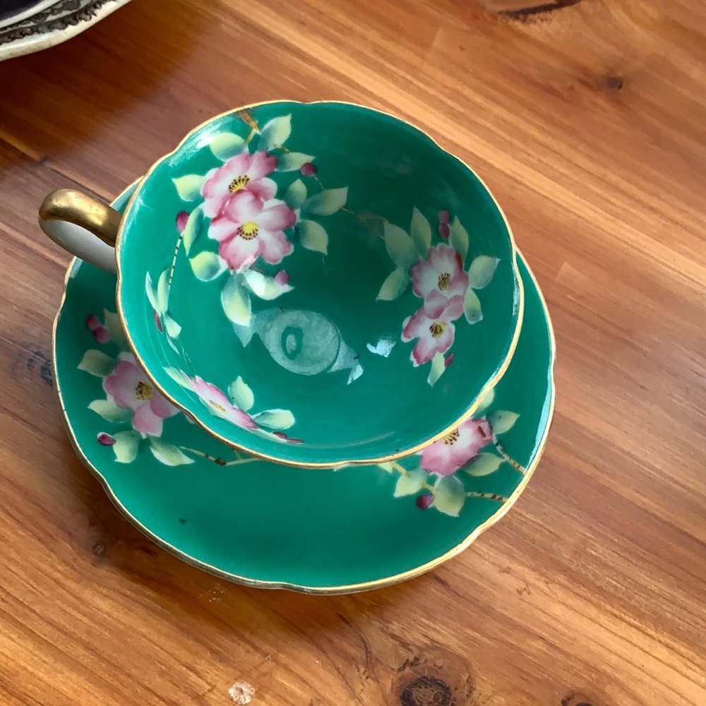 Tea cup  & saucer gold trim green pink flowers
